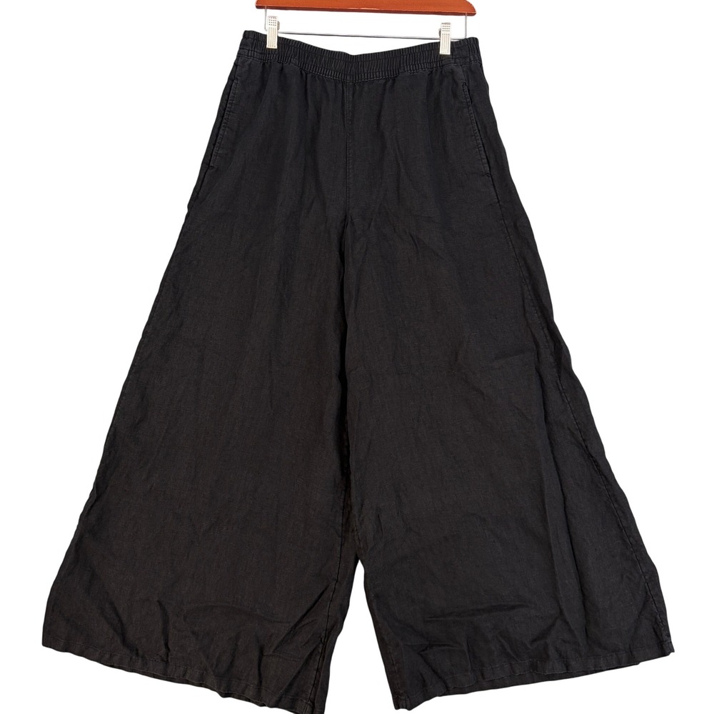 Lands End Black Linen High Rise Palazzo Wide Leg Pants Women S/T 6-8 Tall Resort